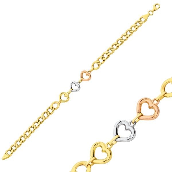 ALTIN ÜÇ RENK KALPLİ BİLEKLİK