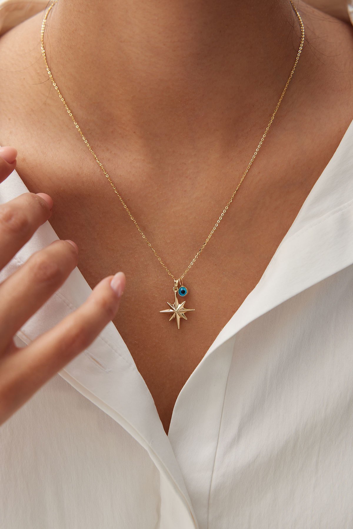 Altın Nazar Boncuklu Kutup Yıldız Kolye