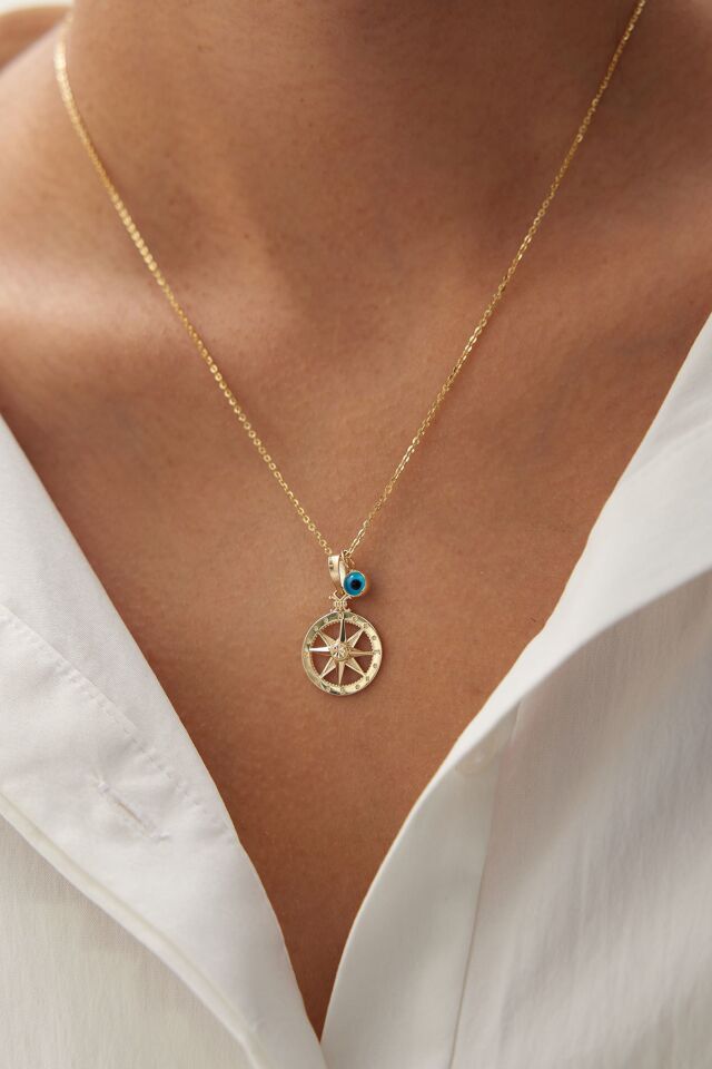 Altın Nazar Boncuklu Pusula Kolye