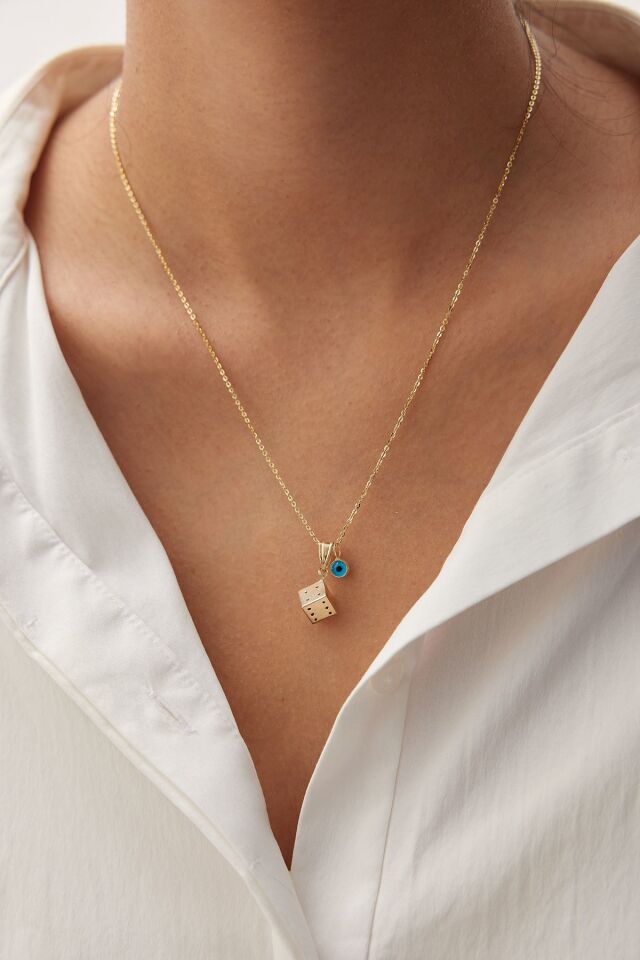 Altın Nazar Boncuklu Zar Kolye