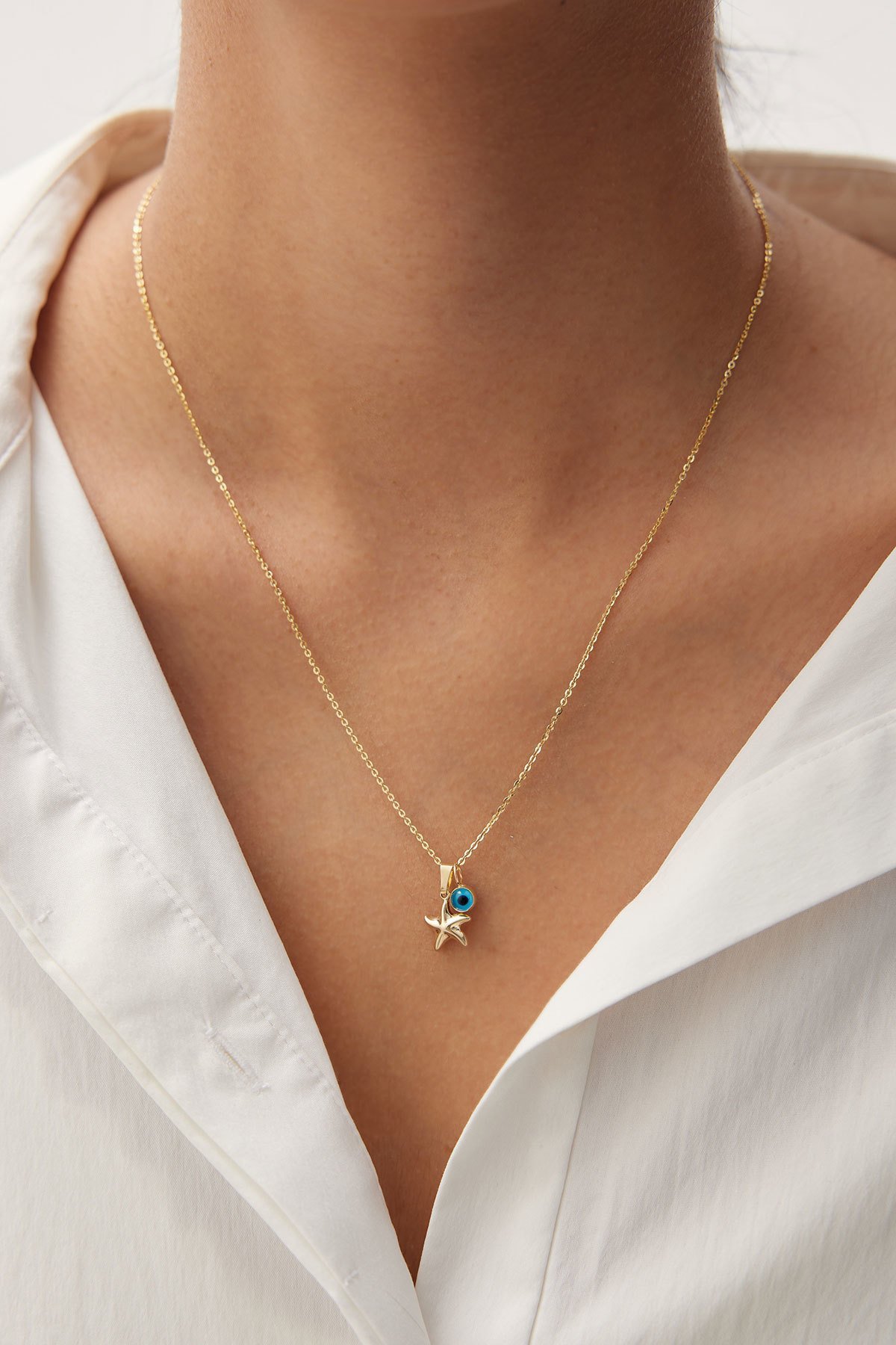 Altın Nazar Boncuklu Deniz Yıldızı Kolye