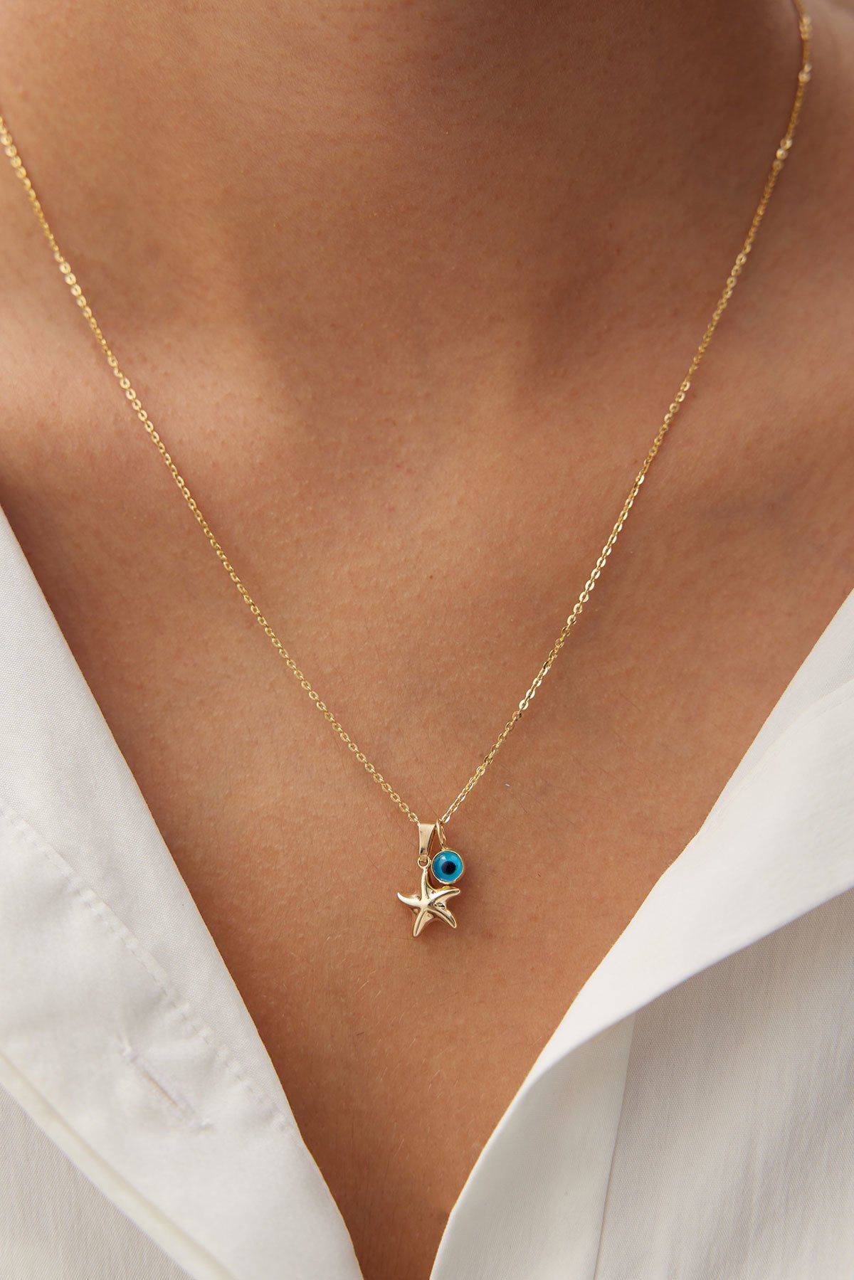Altın Nazar Boncuklu Deniz Yıldızı Kolye