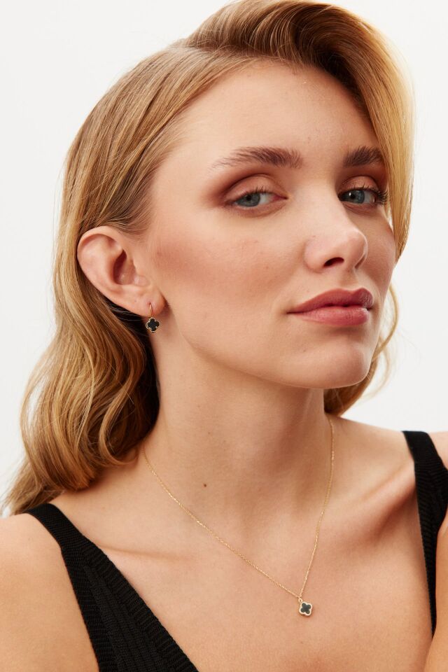 Altın Siyah Yonca Küpe