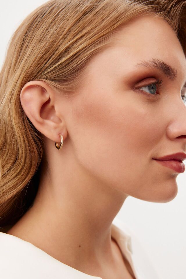 Altın Taşlı Beşgen Küpe