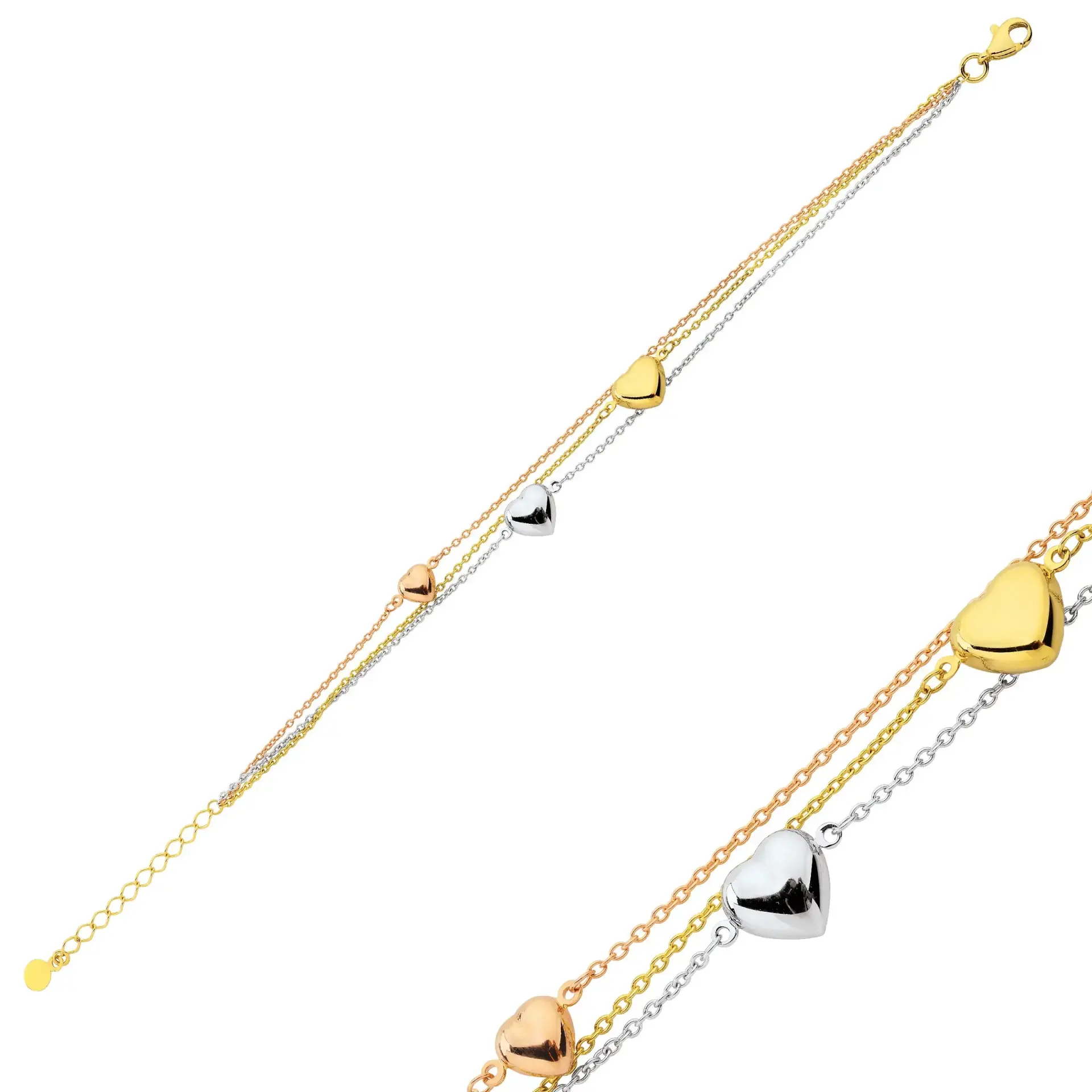 Altın Üç Renk Kalpli Bileklik