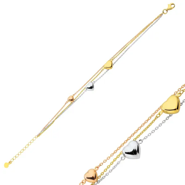 Altın Üç Renk Kalpli Bileklik