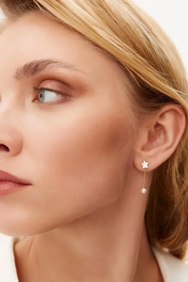 Altın İnci Sallantılı Yıldız Küpe