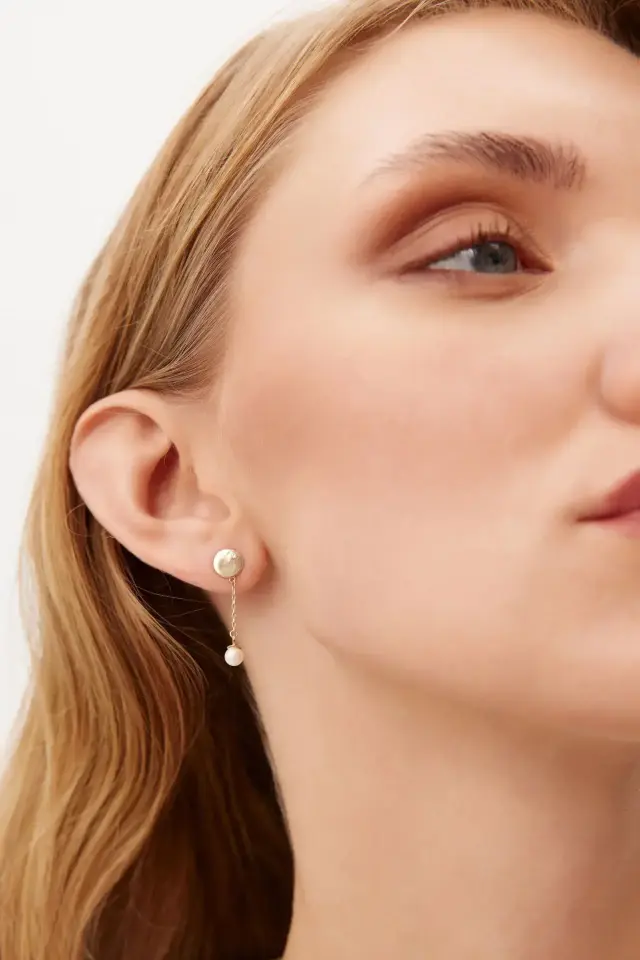 Altın İnci Sallantılı Plaka Küpe