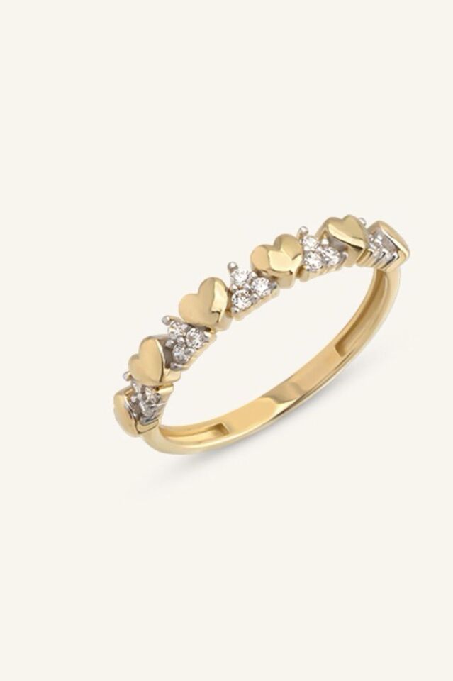 Altın Sıra Taşlı Kalp Yüzük