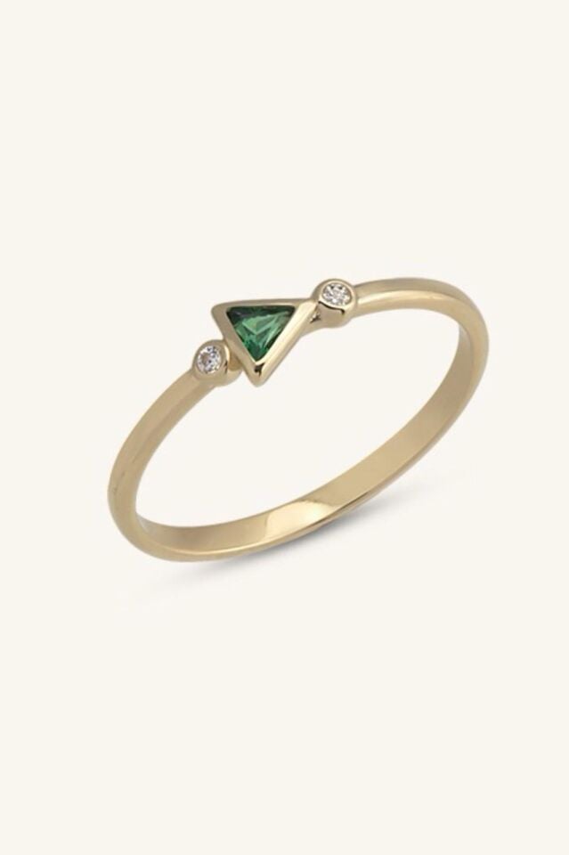 Altın Yeşil Taşlı Geometrik Yüzük