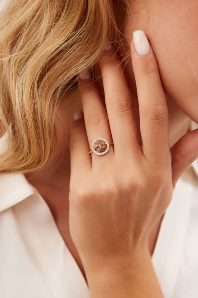 Altın Siyah Mineli Hayat Ağacı Yüzük