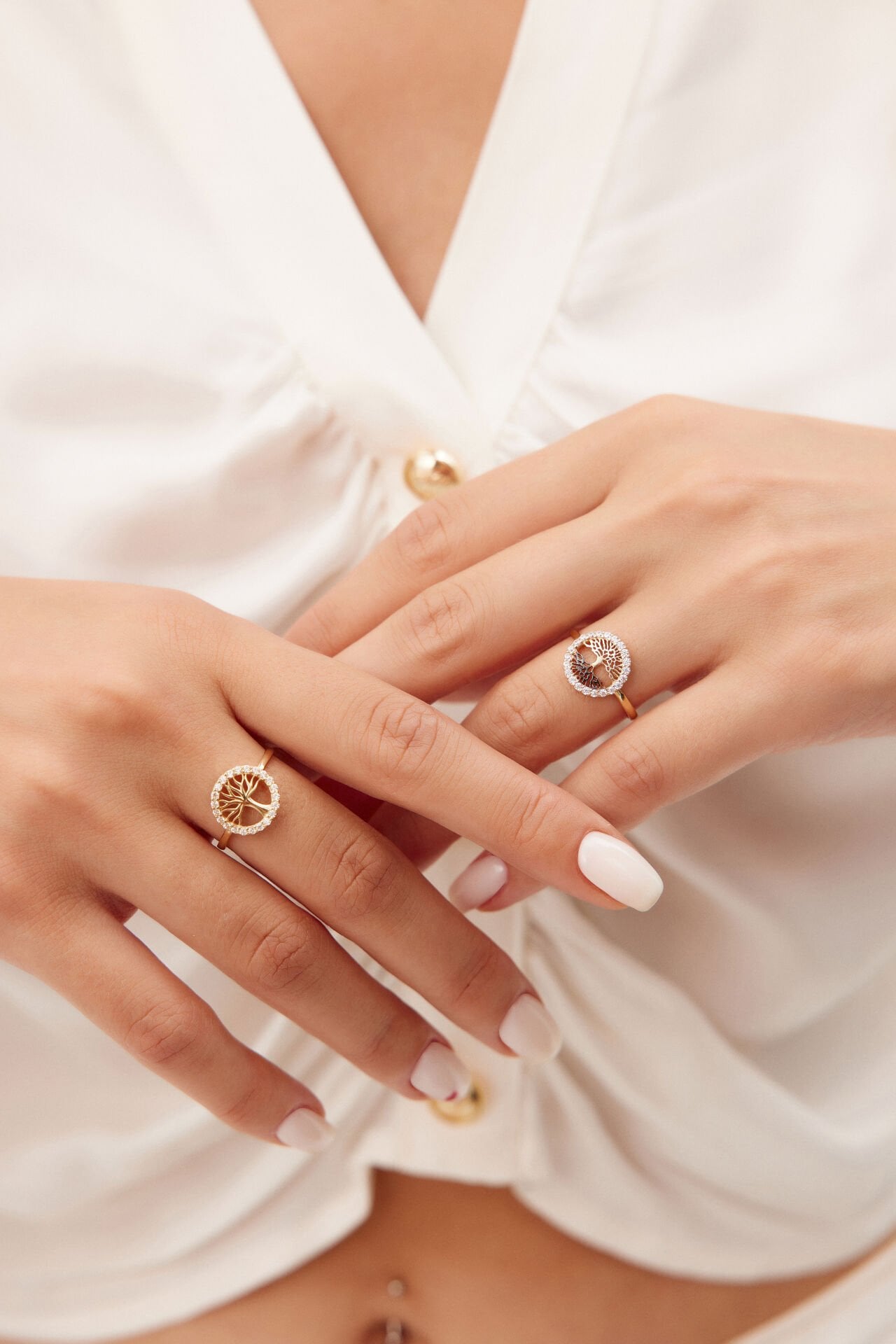 Altın Beyaz Taşlı Hayat Ağacı Yüzük