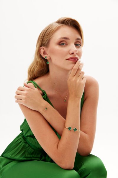 ALTIN YEŞİL YONCA KOLYE BİLEKLİK 2'Lİ SET