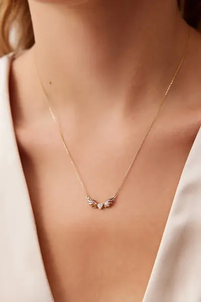 Altın Mineli Kanatlı Kalp Kolye