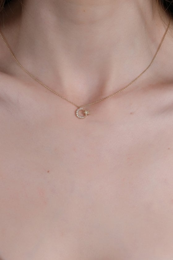 Altın Taşlı Ay Yıldız Kolye