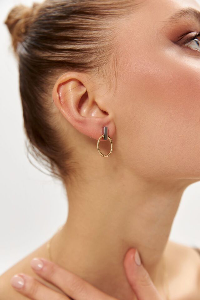 Altın İki Renk Oval  Küpe