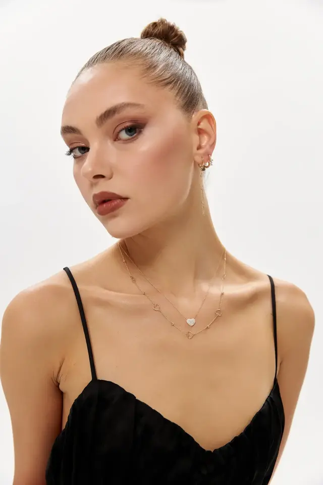 Altın Beyaz Taşlı Kalp Kolye