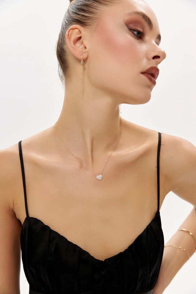 Altın Beyaz Taşlı Kalp Kolye