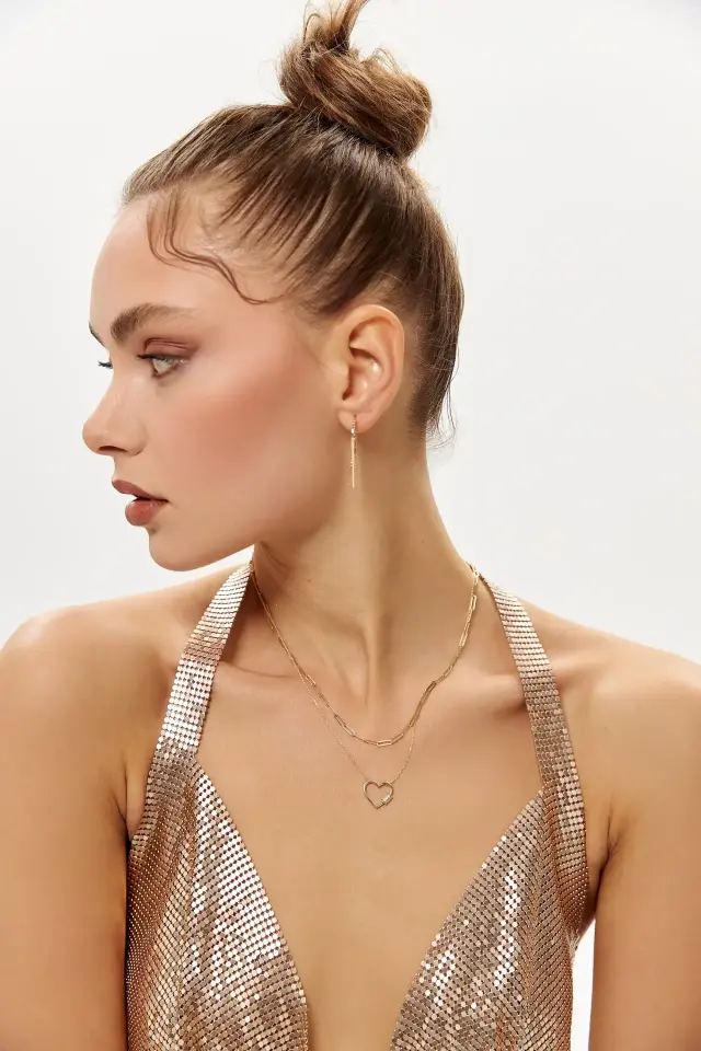 Altın Taşlı Tasarım Kalp Kolye