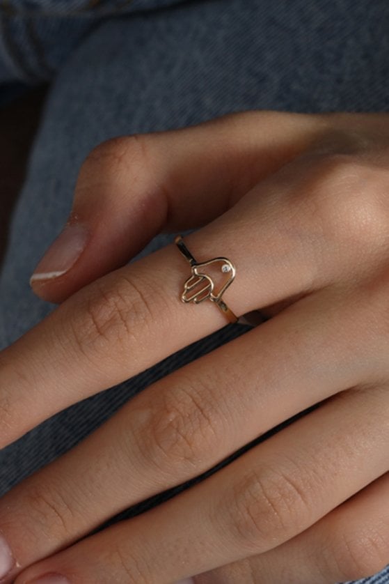 Altın Tektaş Hamsa Yüzük