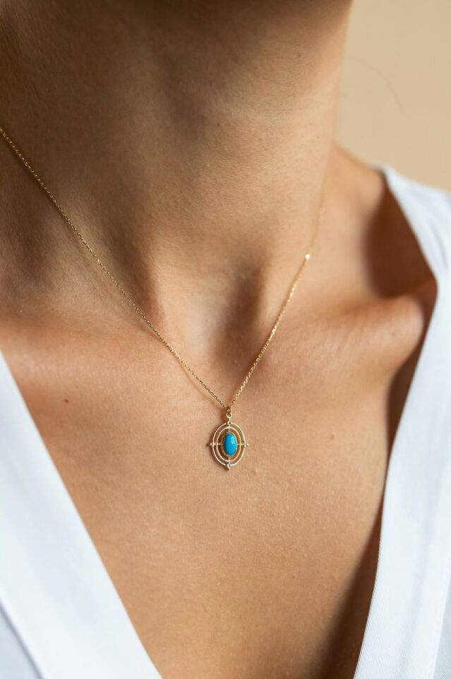 Altın Turkuaz Taşlı Pusula Kolye