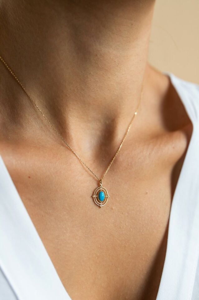 Altın Turkuaz Taşlı Pusula Kolye