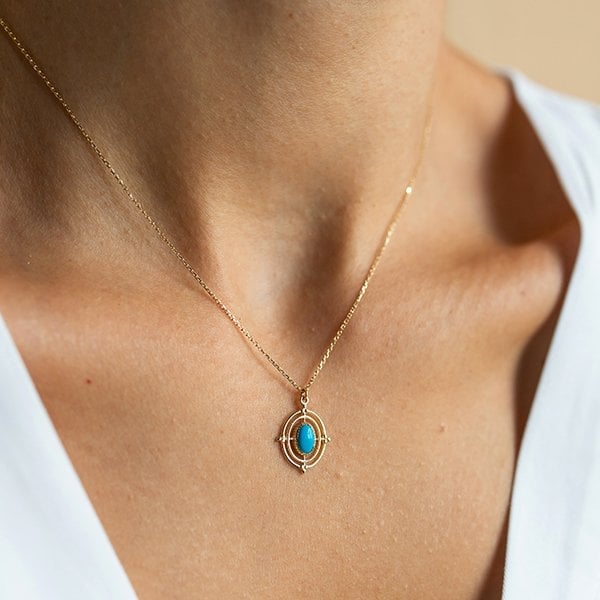 Altın Turkuaz Taşlı Pusula Kolye
