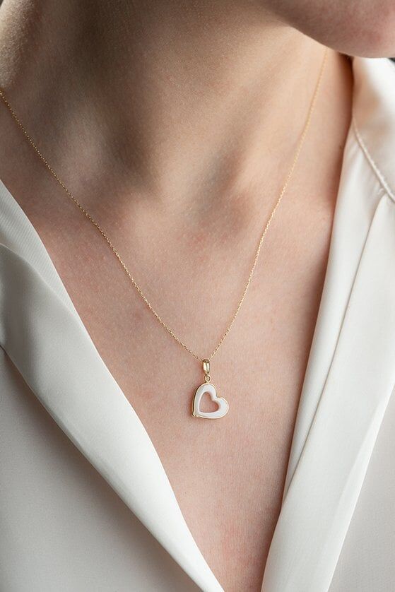 Altın Seramik Taşlı Kalp Kolye