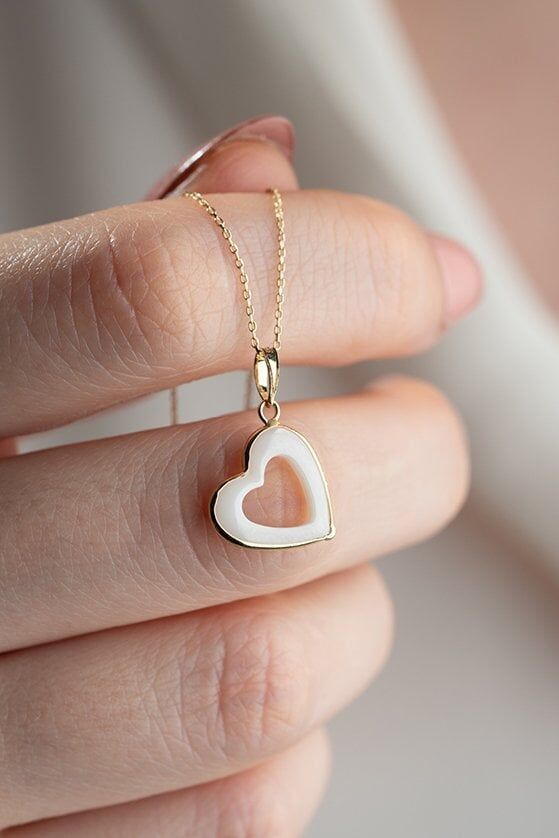 Altın Seramik Taşlı Kalp Kolye