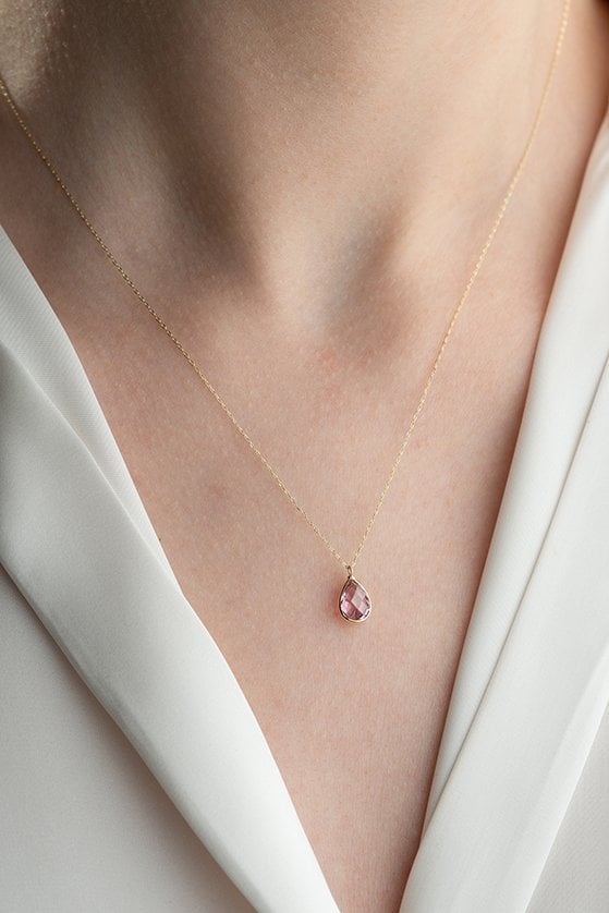 Altın Pink Topaz Taşlı Kolye