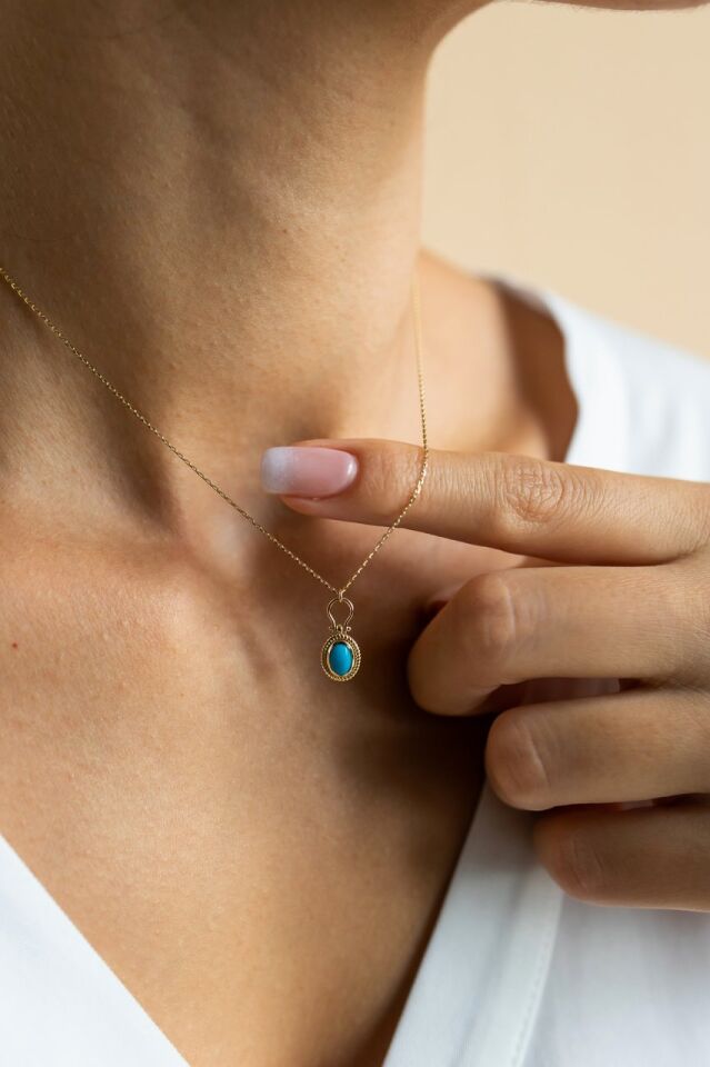 Altın Turkuaz Taşlı Kolye