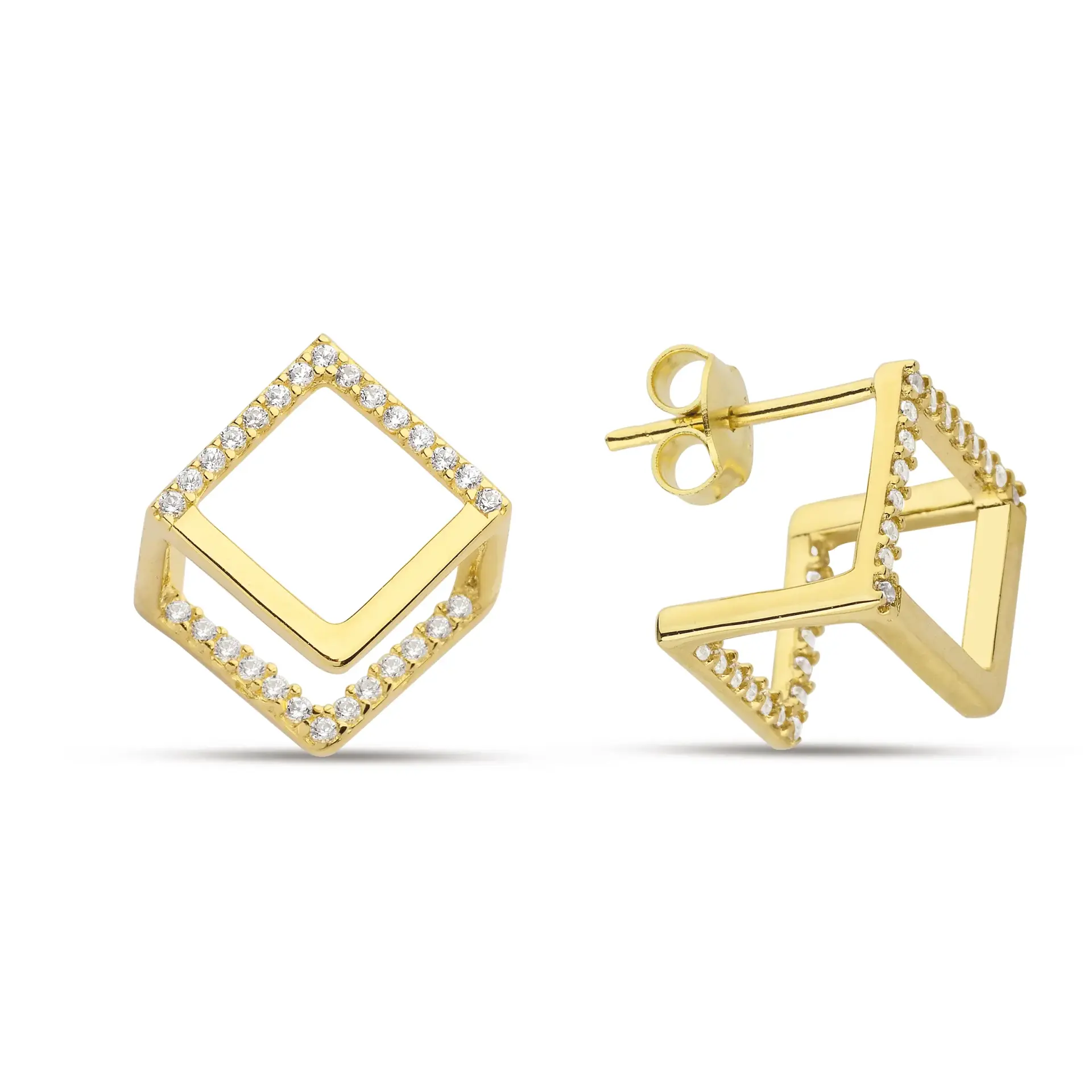 Altın Zirkon Taşlı Küp Tasarım Küpe