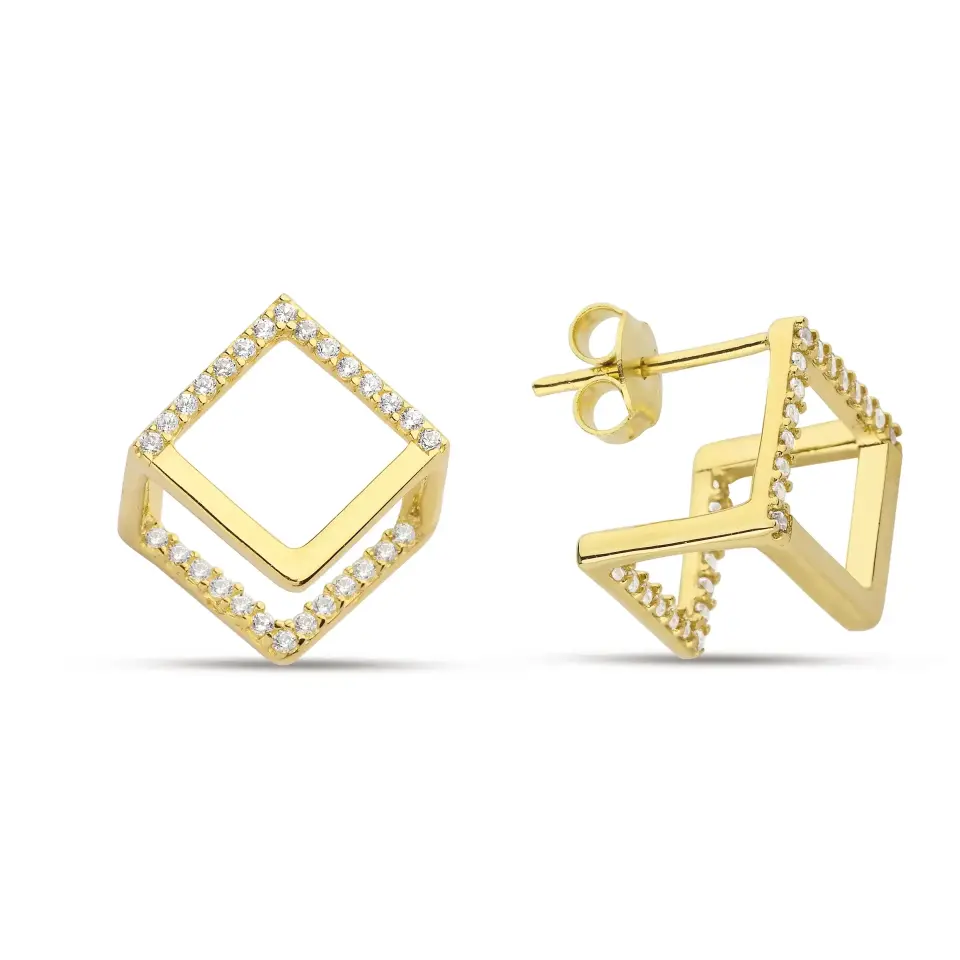 Altın Zirkon Taşlı Küp Tasarım Küpe