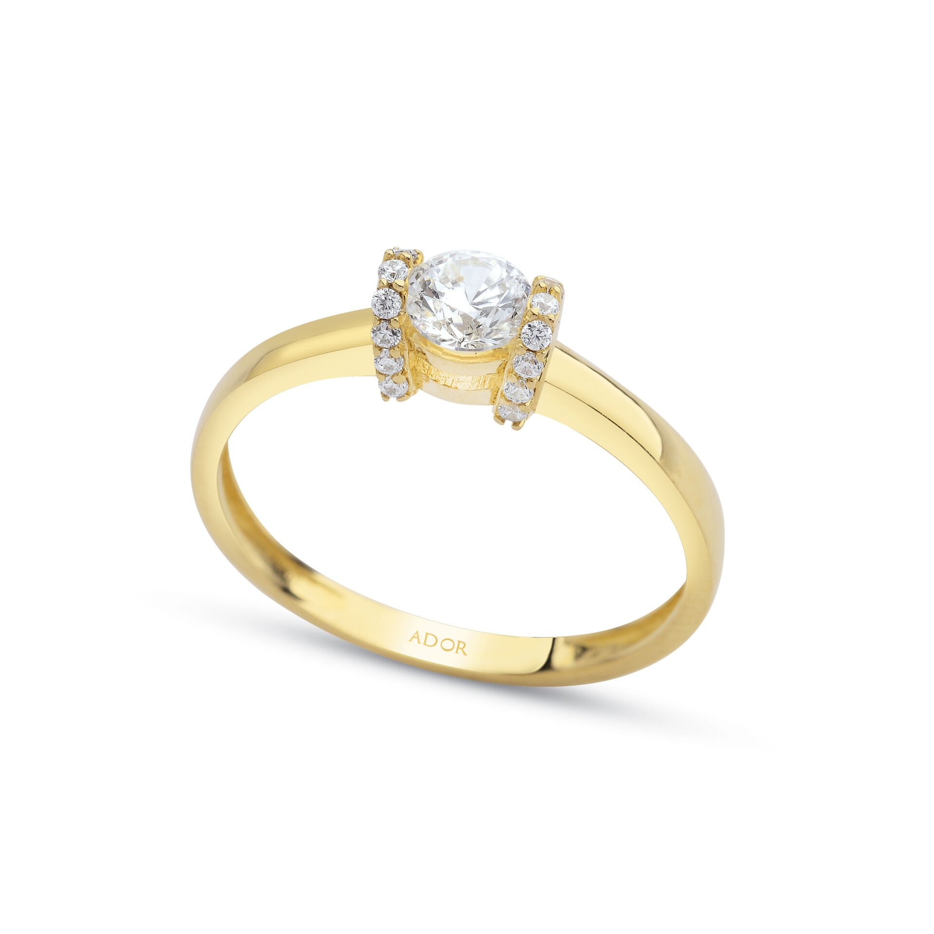 Altın Yan Taşlı Tektaş Yüzük