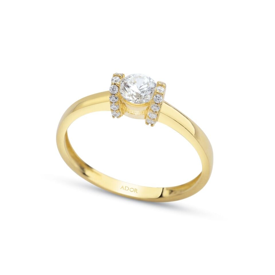 Altın Yan Taşlı Tektaş Yüzük