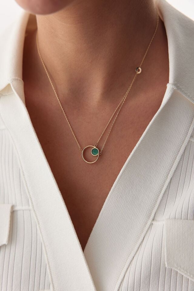 Altın Malakit Taşlı Daire Kolye