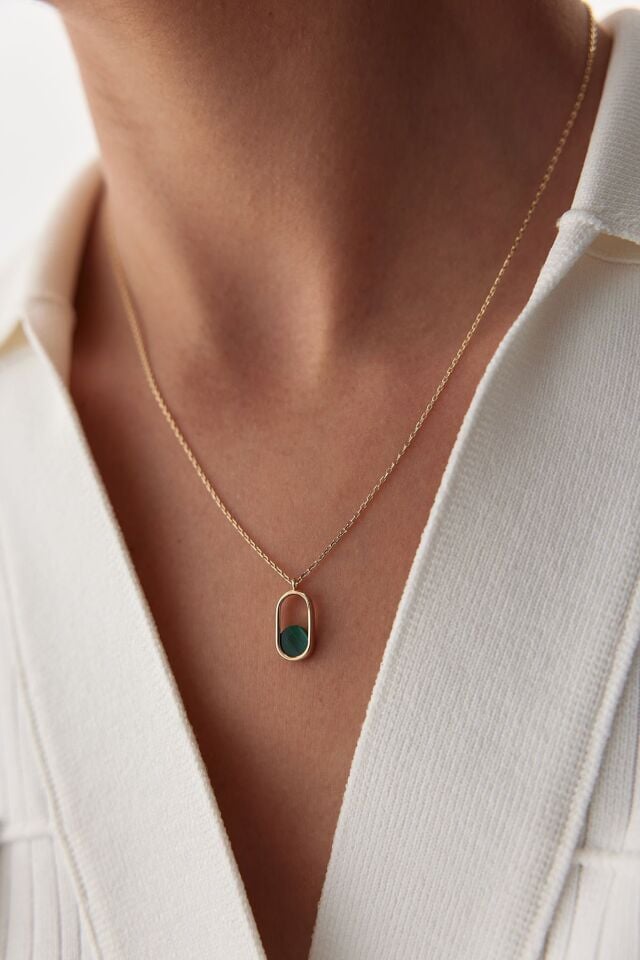 Altın Malakit Taşlı Oval Form Kolye