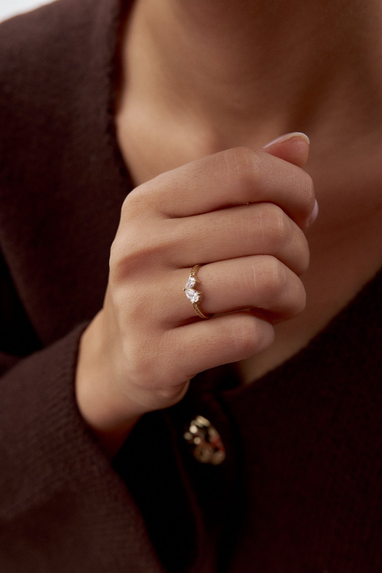 Altın İkili Taşlı Damla Yüzük