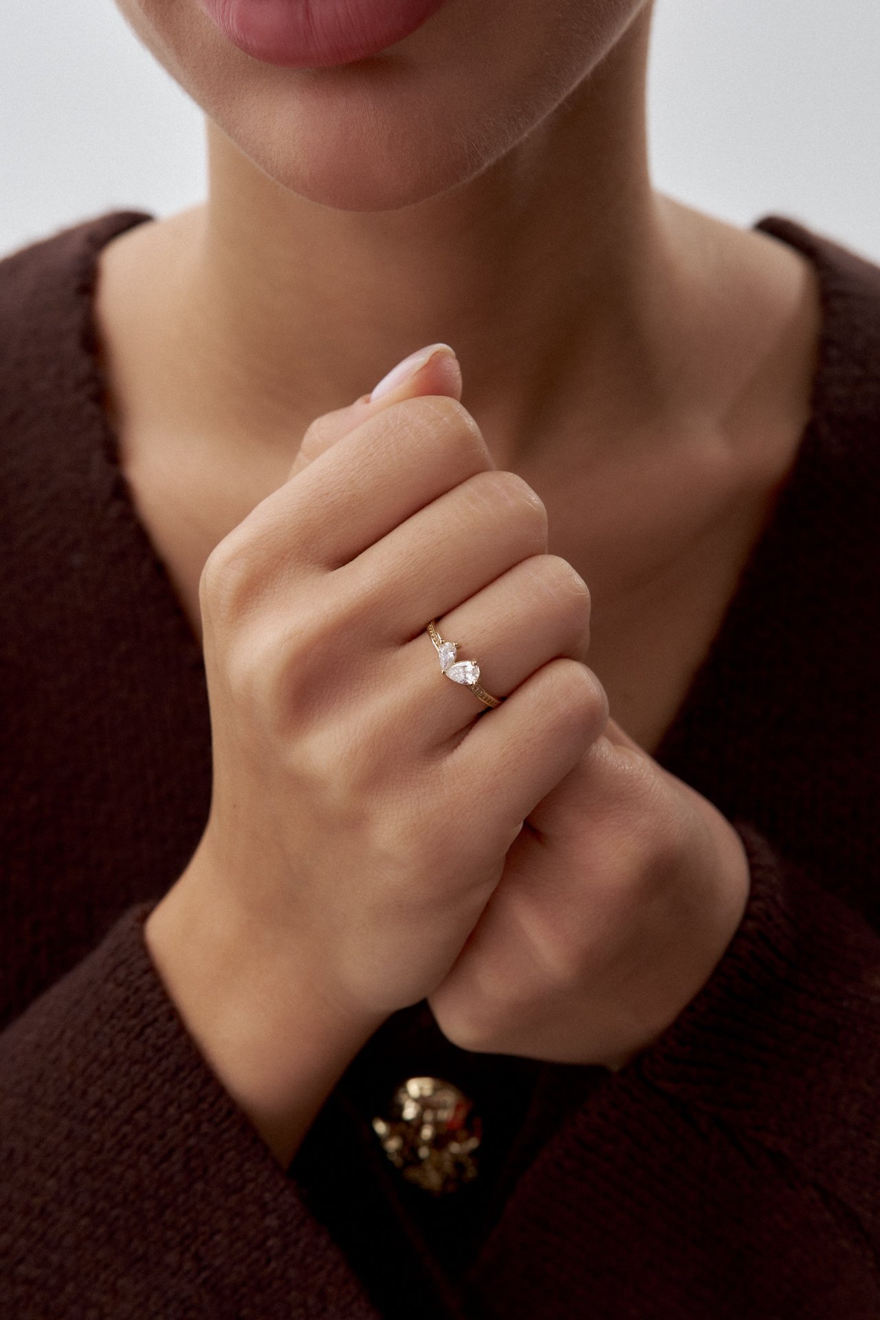 Altın İkili Taşlı Damla Yüzük