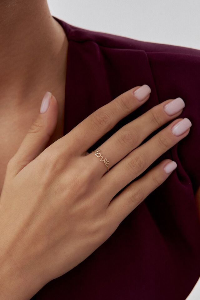 Altın Taşsız Minimal Love Yüzük 10