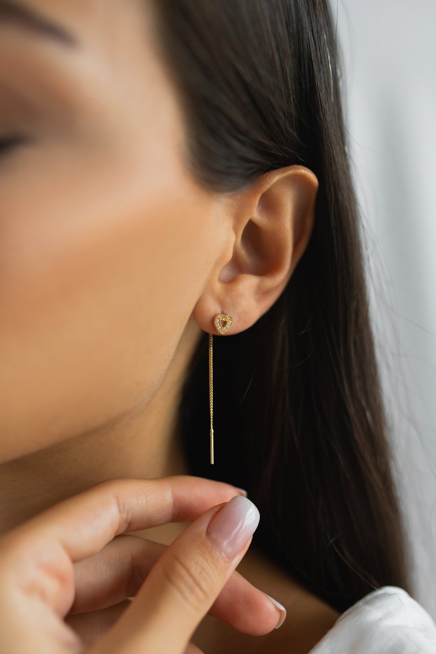 ALTIN ZİNCİRLİ TAŞLI KALP KÜPE