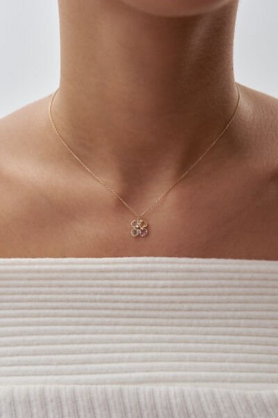 Altın Has Taşlı Yonca Kolye