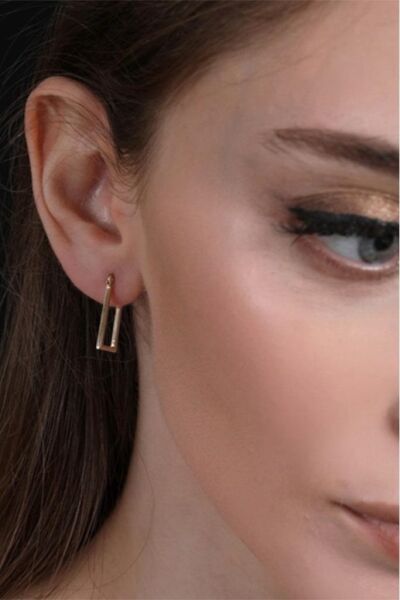 Altın Tasarım Sade Dikdörtgen Küpe